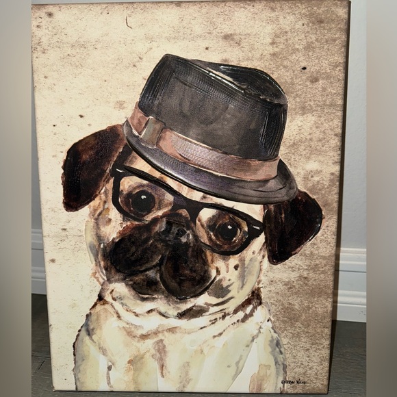 Pug in Fedora Painting on Canvas by Kathryn White 12" x 16" - Picture 1 of 7